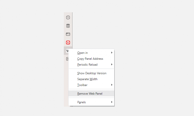 Στιγμιότυπο οθόνης που δείχνει πώς να αφαιρέσετε πάνελ ιστού στο vivaldi