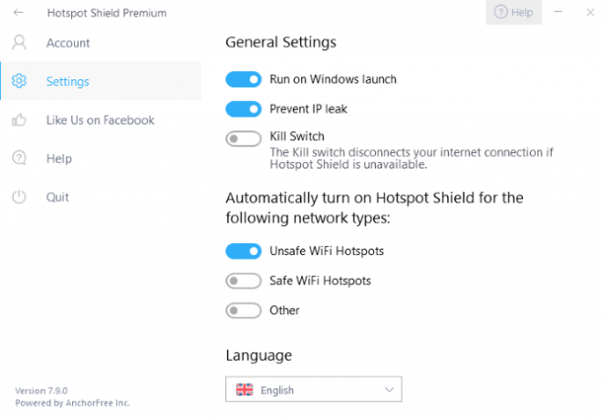 Το μενού ρυθμίσεων του Hotspot Shield