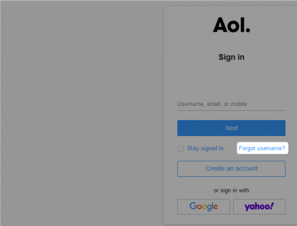 Το παράθυρο σύνδεσης aol ξέχασε το όνομα χρήστη