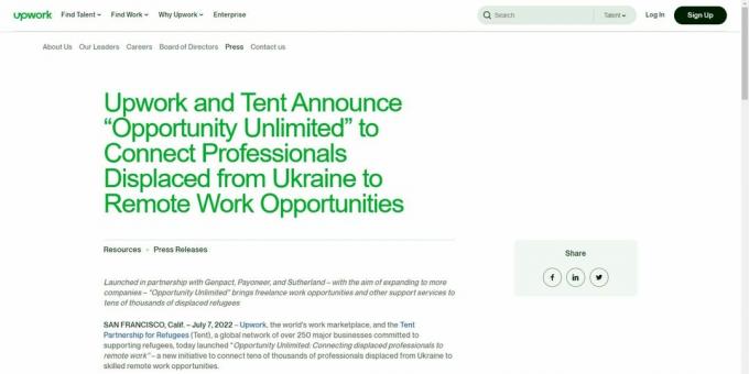 Μια εικόνα του δελτίου τύπου της Upwork που ανακοινώνει την πρωτοβουλία