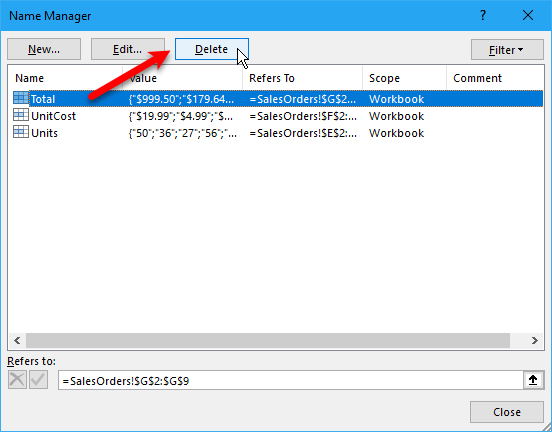 Κάντε κλικ στο Delete on Name Manager στο παράθυρο διαλόγου