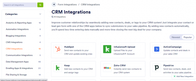 Στιγμιότυπο οθόνης της σελίδας Jotform Integrations