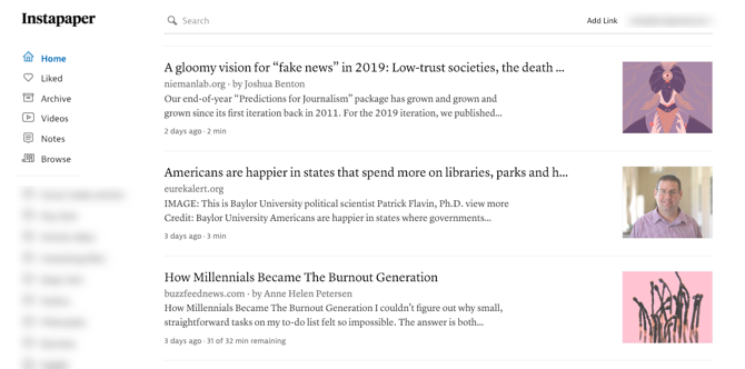 Στιγμιότυπο οθόνης Instapaper