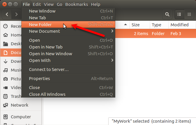 Μεταβείτε στο Αρχείο> Νέος φάκελος στο Nautilus στο Ubuntu