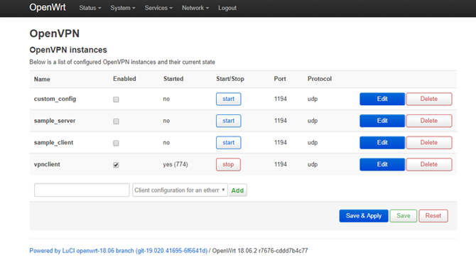 Μενού OpenWRT LuCI Dashboard OpenVPN