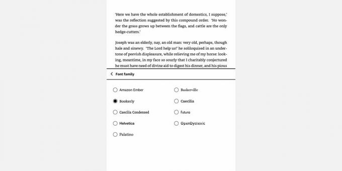 Στιγμιότυπο οθόνης του μενού Amazon Kindle Font Family