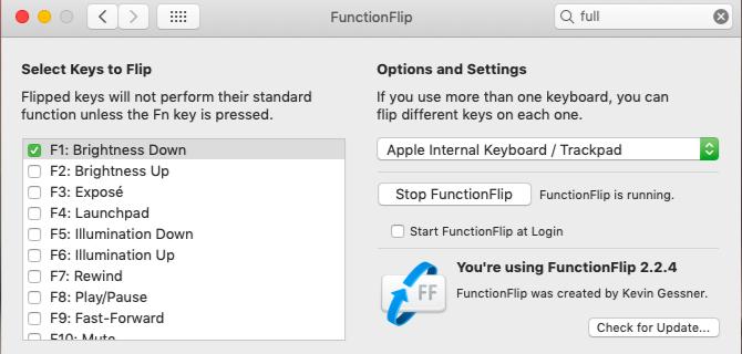 Ρυθμίσεις παραθύρου για FunctionFlip app σε macOS