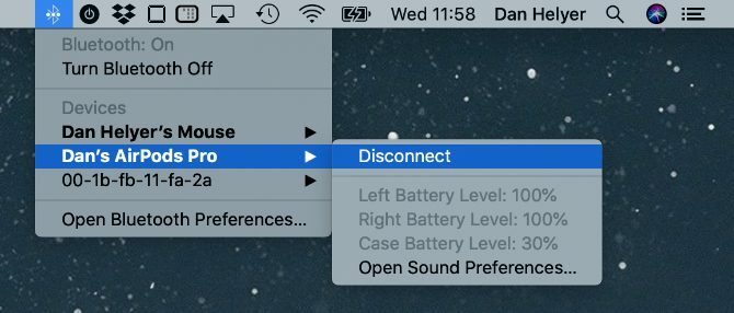 Επίπεδο μπαταρίας AirPods στο μενού Bluetooth macOS