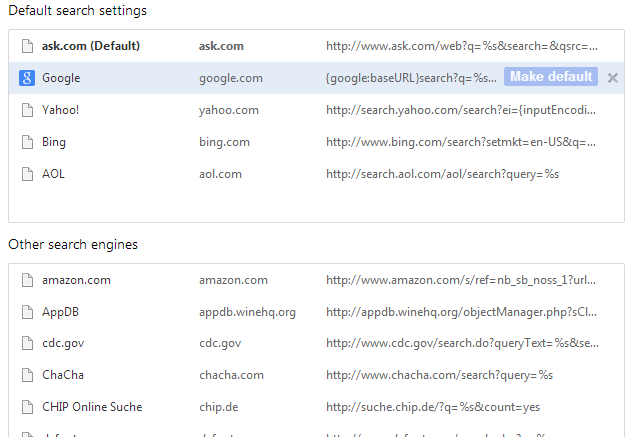Λίστα πλήρους μηχανής αναζήτησης Chrome