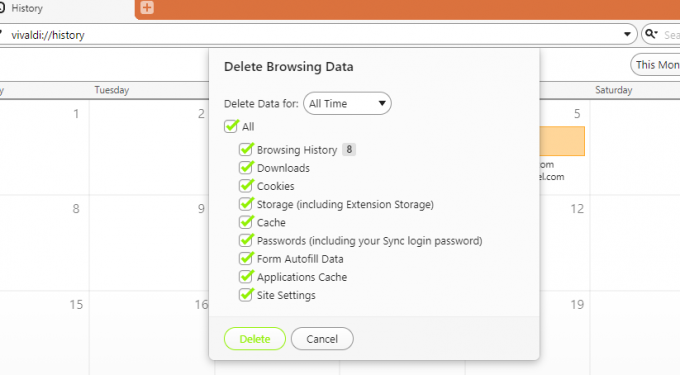Στιγμιότυπο οθόνης του παραθύρου Clear Browsing Data Vivaldi