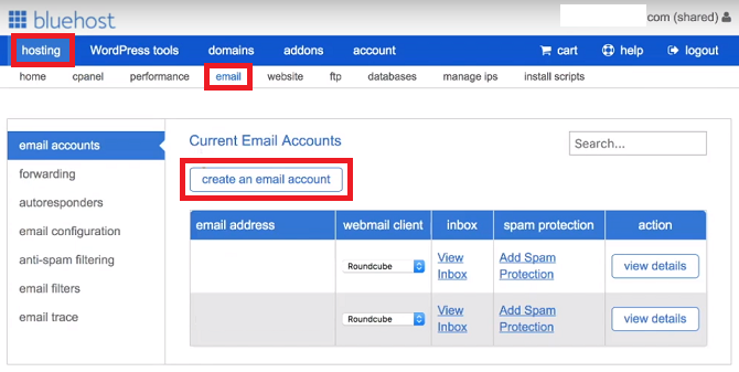 Δημιουργήστε έναν λογαριασμό email Bluehost