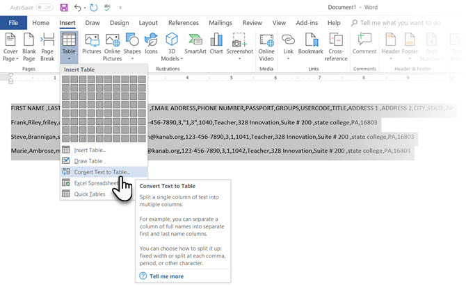 Microsoft Word Μετατροπή κειμένου σε πίνακα