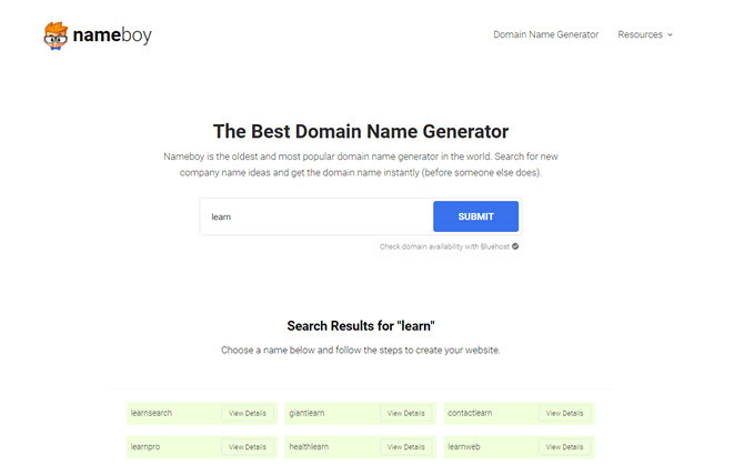 Ιστοσελίδα Nameboy για εύρεση ονομάτων τομέα