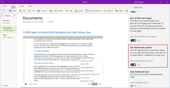 προσάρτηση σύννεφο στο OneNote για Windows 10