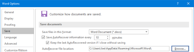 προσαρμόστε το Microsoft Word 2016 autorecover