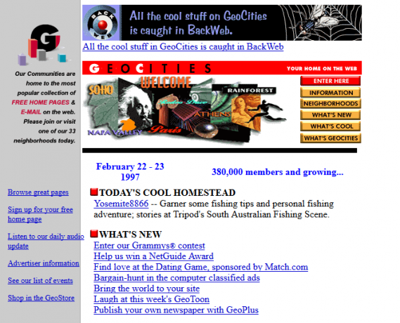 Screenshot της ιστοσελίδας του GeoCities το 1997