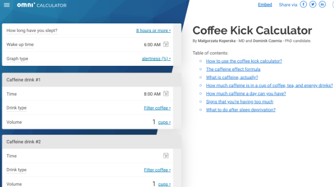 Το Coffee Kick by Omnicalculator σας λέει πότε θα είστε πιο προσεκτικοί με βάση την πρόσληψη καφέ και το πρόγραμμα ύπνου