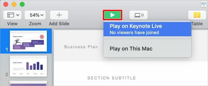 Πλήκτρο Keynote Play με την επιλογή Keynote Live