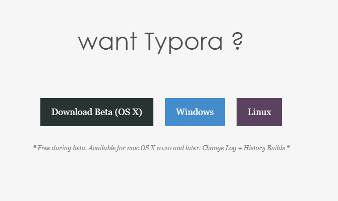 Ιστότοπος Typora που εμφανίζει εκδόσεις για Mac, Windows και Linux
