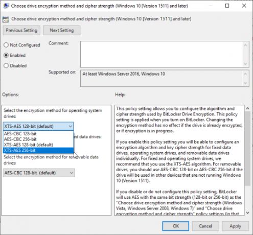 Το bitlocker επιλέγει κρυπτογράφηση 256 bit aes