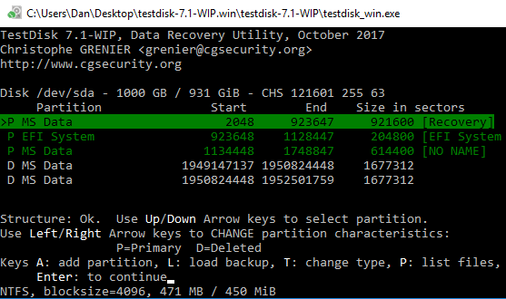 Οθόνη TestDisk των Windows