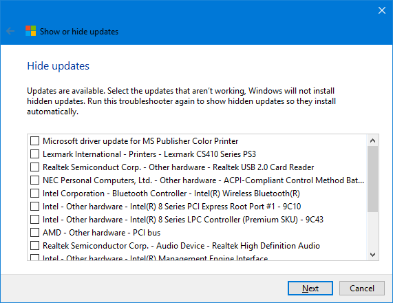 Windows 10 Απόκρυψη λίστας ενημερώσεων