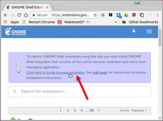 Μήνυμα ενοποίησης GNOME Shell στο Chrome