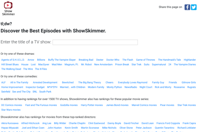 Το Show Skimmer παραθέτει τα κορυφαία πέντε ή δέκα επεισόδια οποιασδήποτε τηλεοπτικής εκπομπής