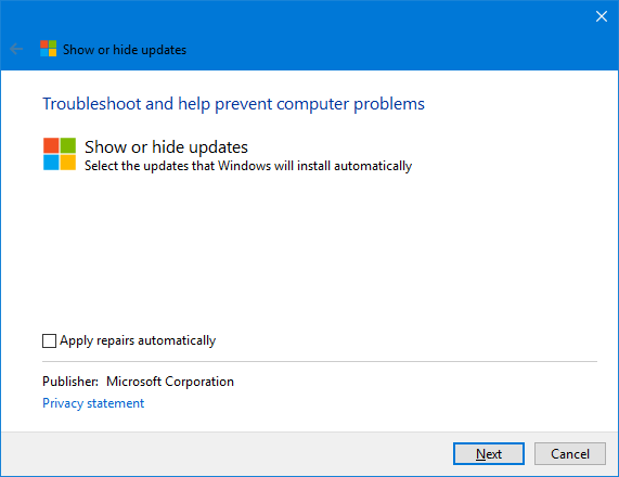 Windows 10 Εμφάνιση ή Απόκρυψη ενημερώσεων