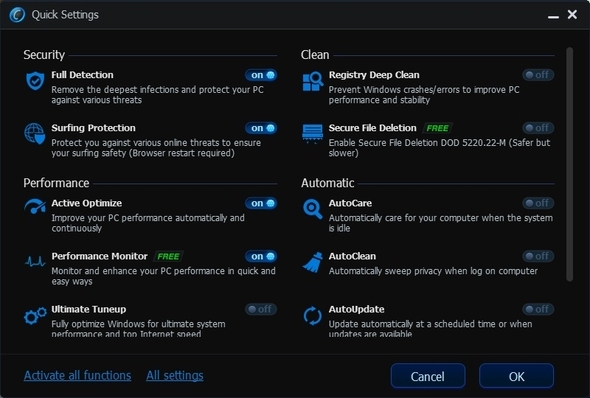 Advanced SystemCare 6 Beta 2.0 - Το δικό σας γιατρό υπολογιστή [Windows] Παράθυρο γρήγορων ρυθμίσεων ASC