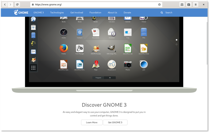 Το πρόγραμμα περιήγησης Web GNOME εμφανίζει την ιστοσελίδα GNOME