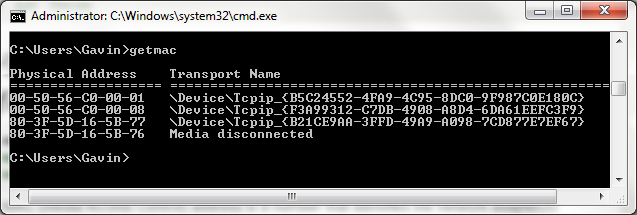 Εντολή γραμμής εντολών getmac