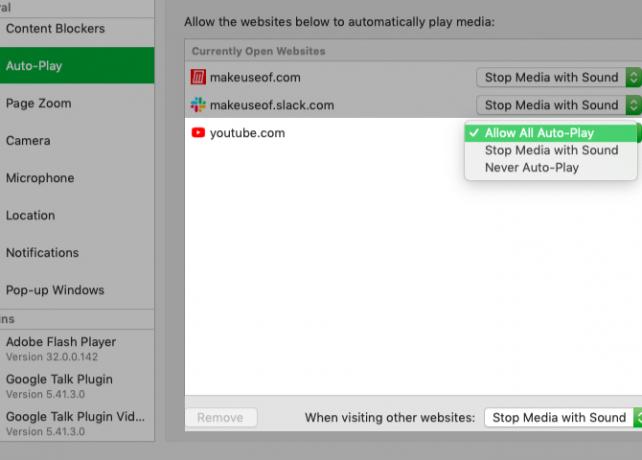 προσαρμόστε τις ρυθμίσεις αυτόματου παιχνιδιού για το YouTube στις προτιμήσεις Safari στο Mac