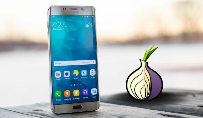 Το λογότυπο Tor φαίνεται δίπλα σε ένα smartphone της Samsung 