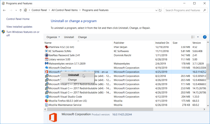 απεγκαταστήστε το Microsoft Office από τον Πίνακα Ελέγχου