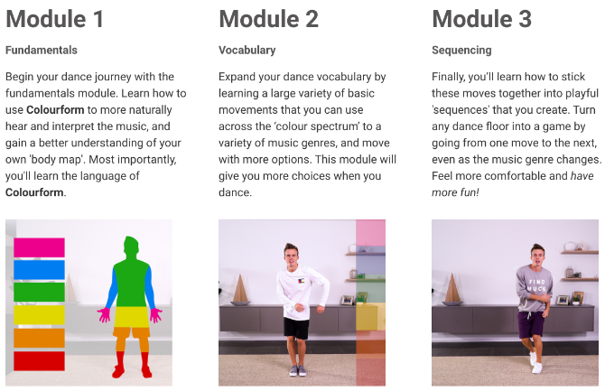 Το Move With Colors διδάσκει απόλυτους αρχάριους χορευτές πώς να χορέψουν σε οποιοδήποτε τραγούδι και να βρουν ρυθμό