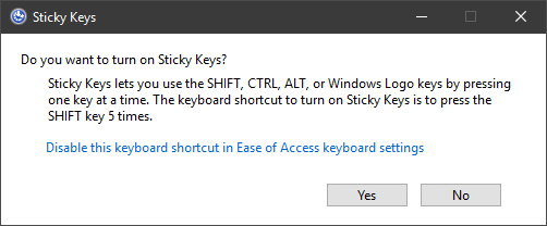 Διάλογος Sticky Keys των Windows