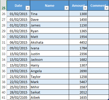 Πίνακας Excel DateAmount