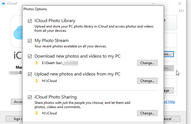iCloud Πίνακας Ελέγχου Φωτογραφίες Επιλογές Screenshot