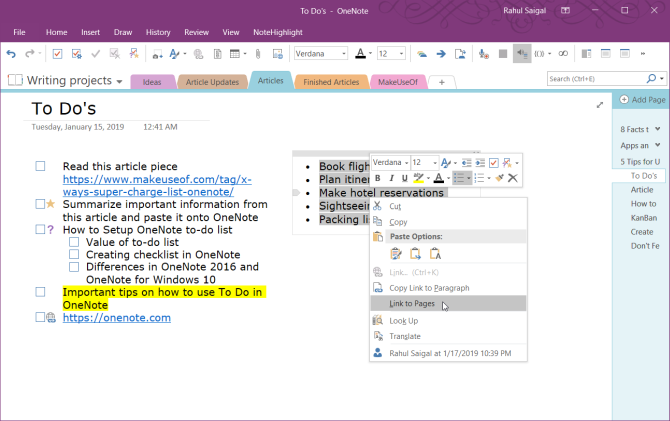 σύνδεση σε σελίδες του OneNote 2016